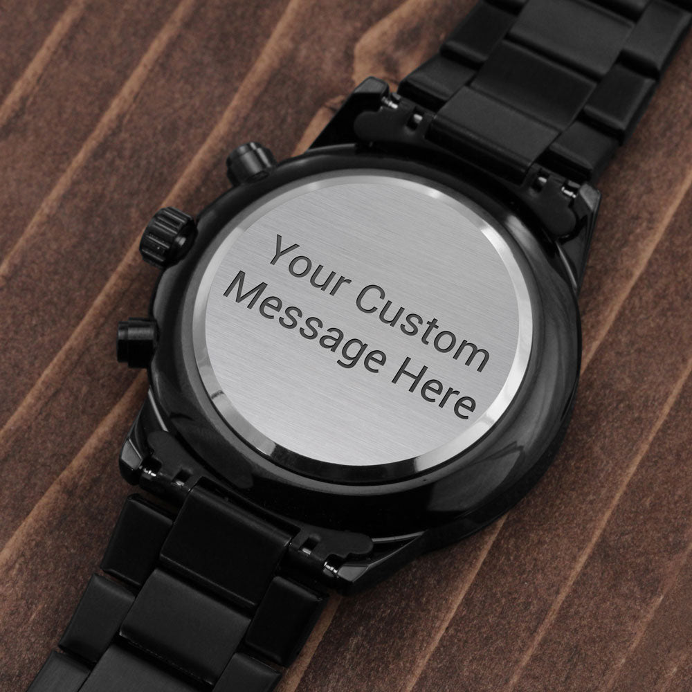 black chronograph watch with buyer upload