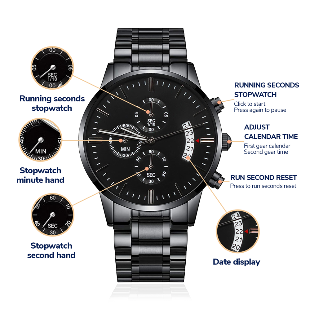 black chronograph watch with buyer upload