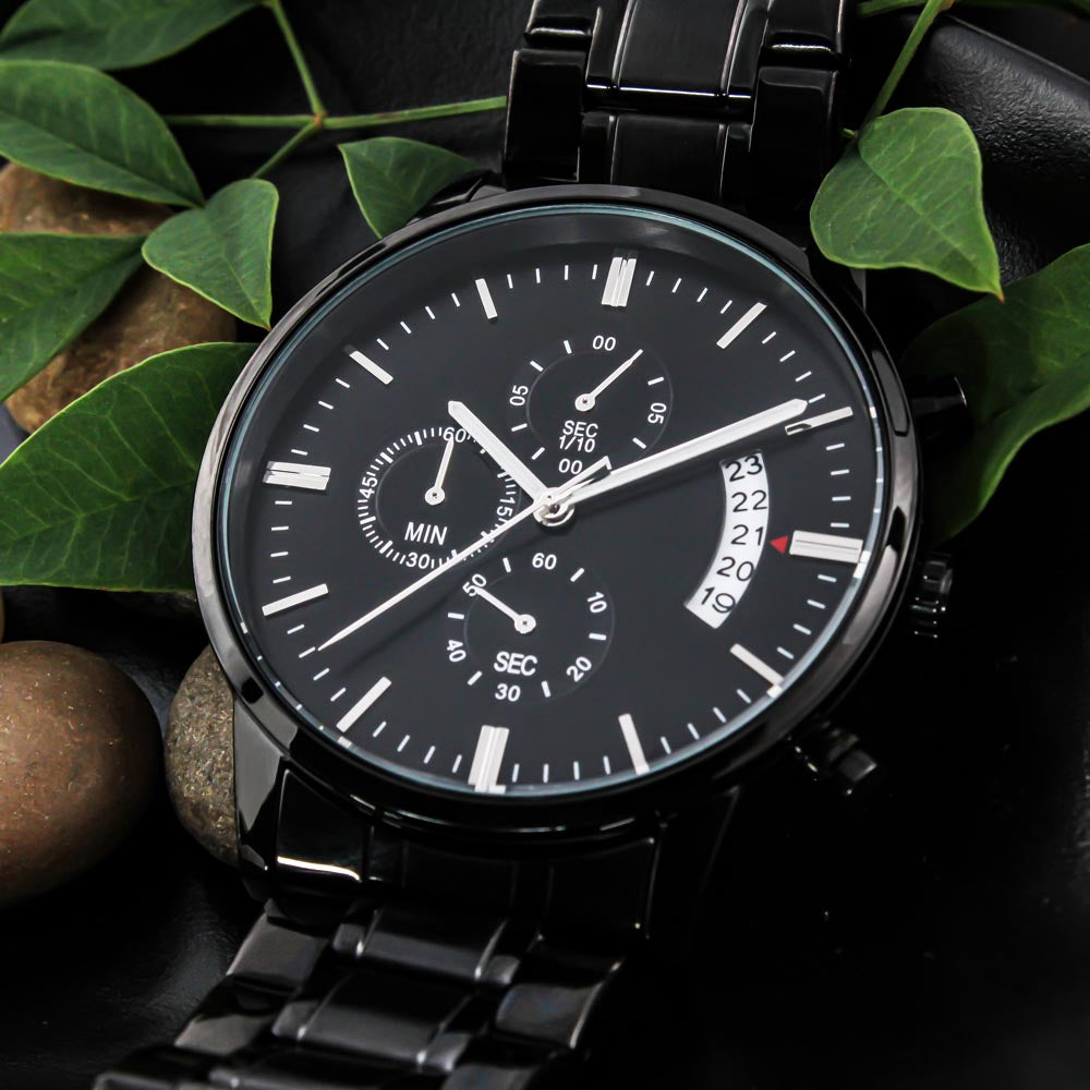 black chronograph watch with buyer upload