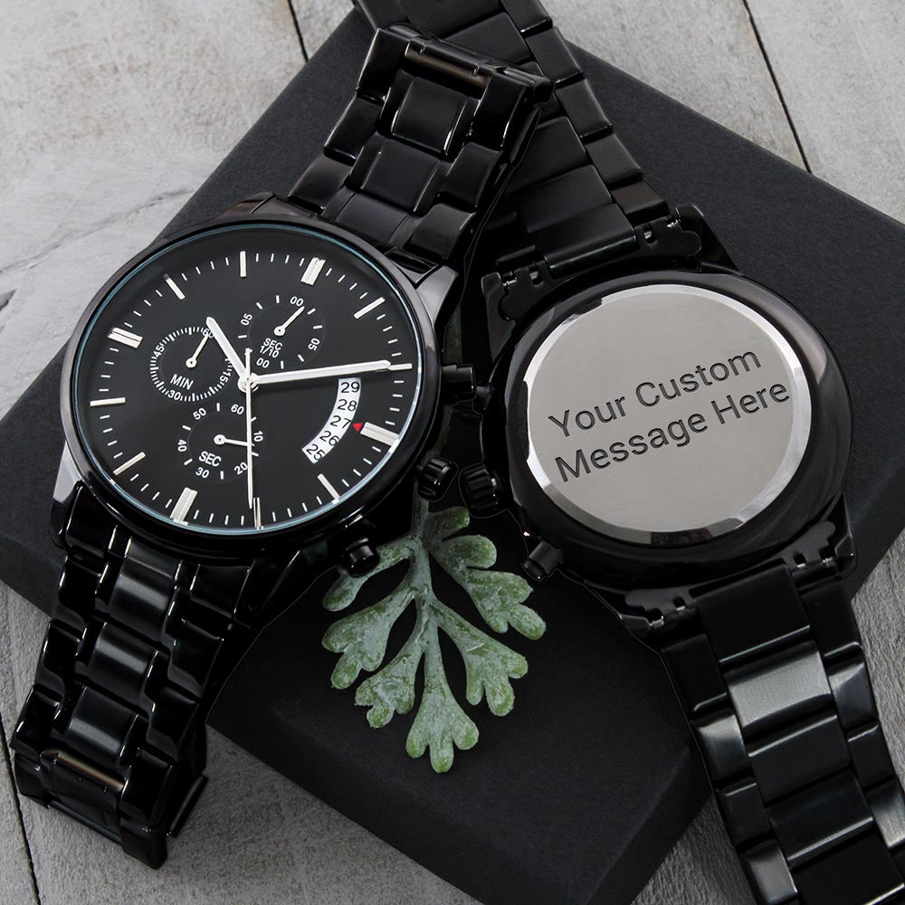 black chronograph watch with buyer upload