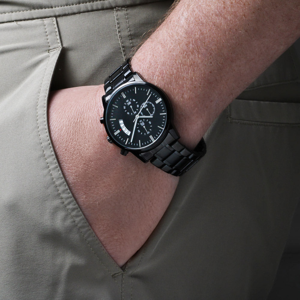black chronograph watch with buyer upload