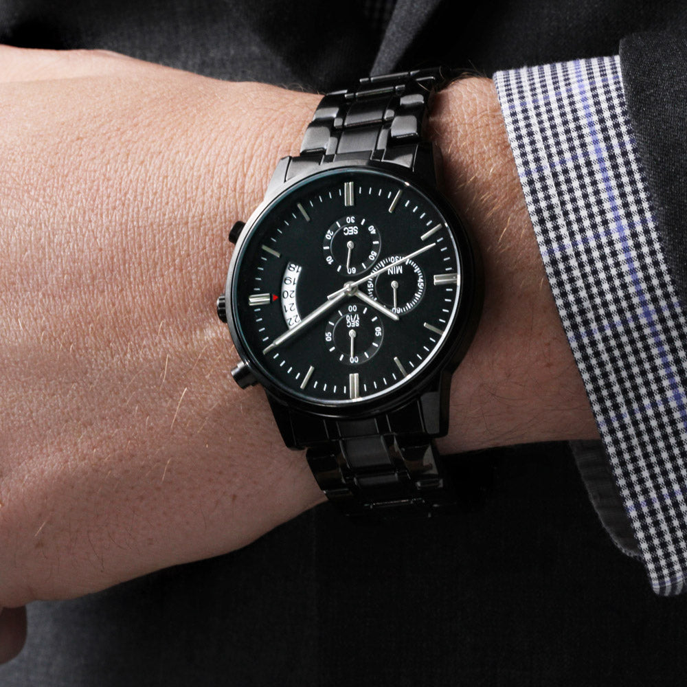 black chronograph watch with buyer upload