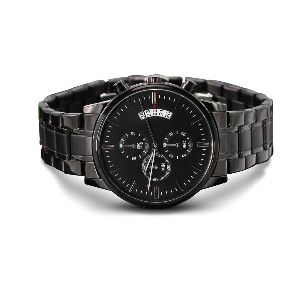 black chronograph watch with buyer upload