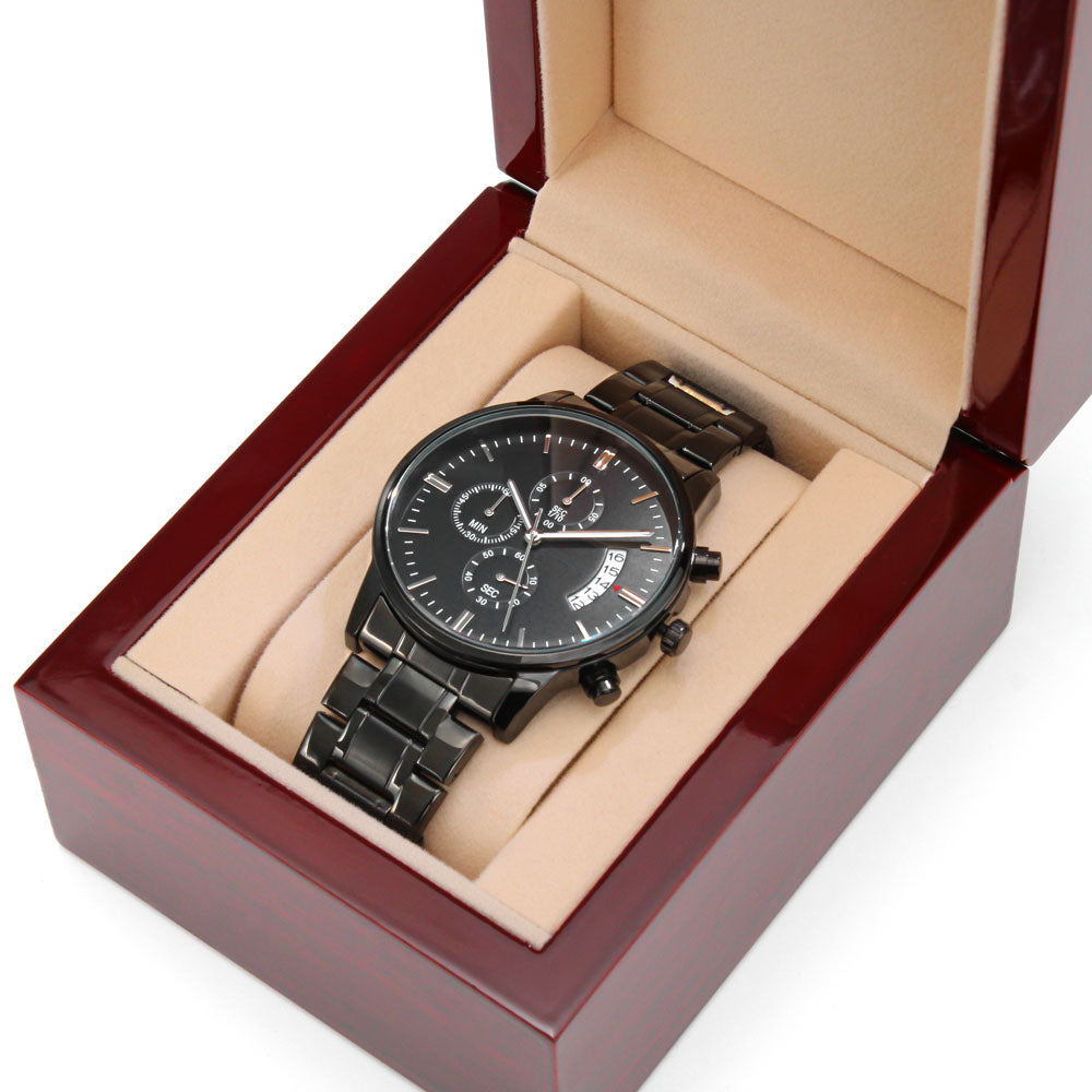 black chronograph watch with buyer upload