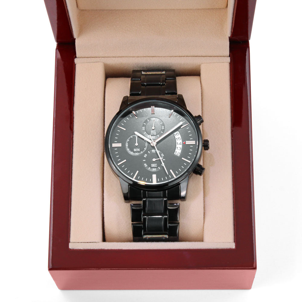 black chronograph watch with buyer upload