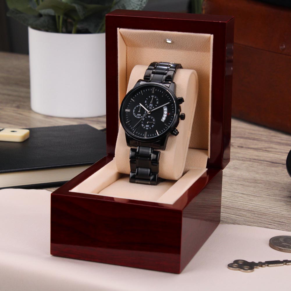 black chronograph watch with buyer upload
