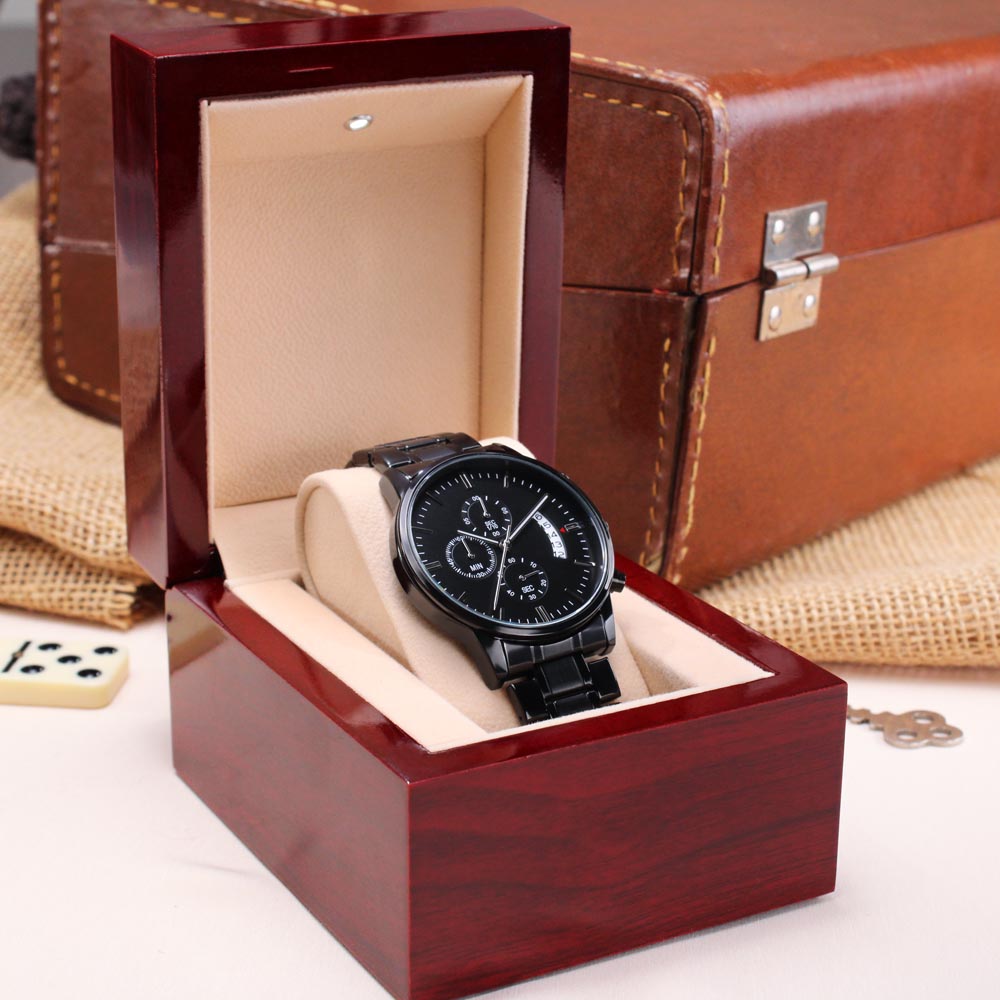 black chronograph watch with buyer upload