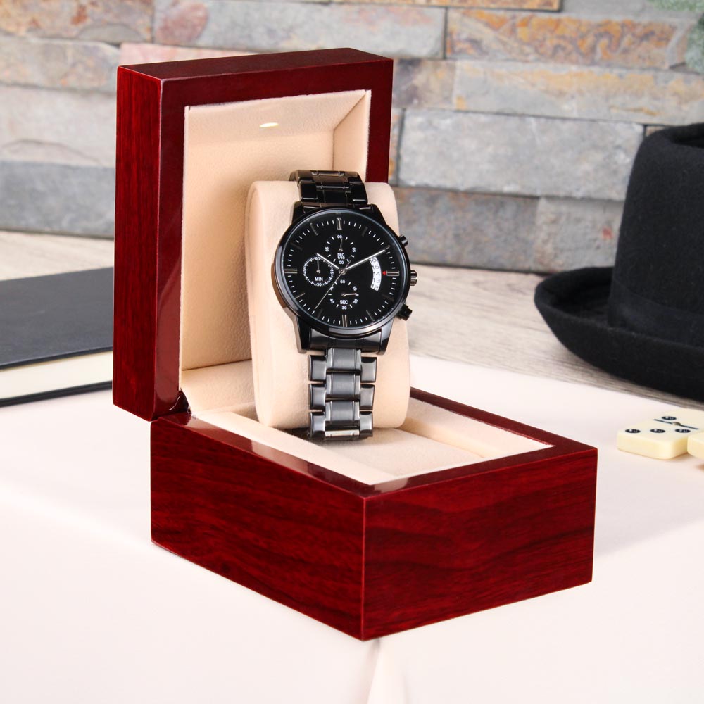 black chronograph watch with buyer upload