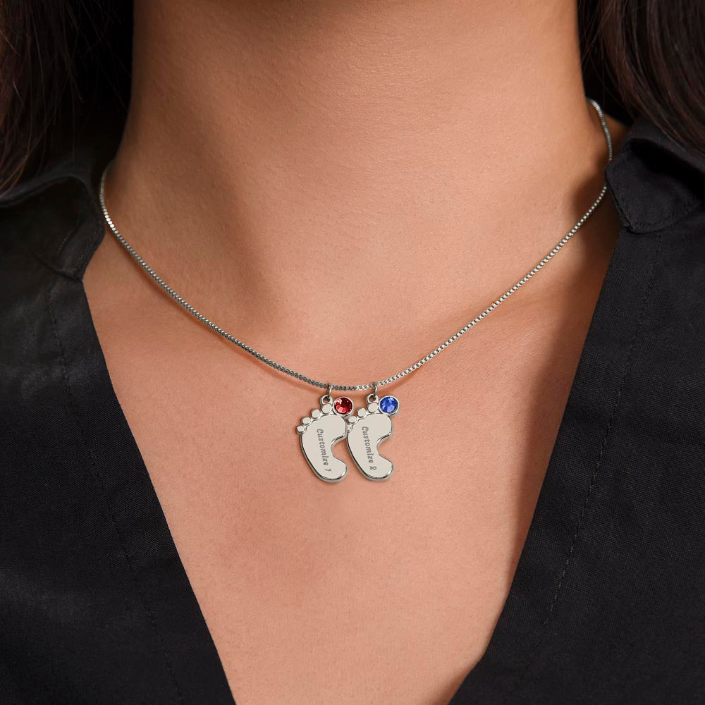 engraved baby feet necklace with birt stone