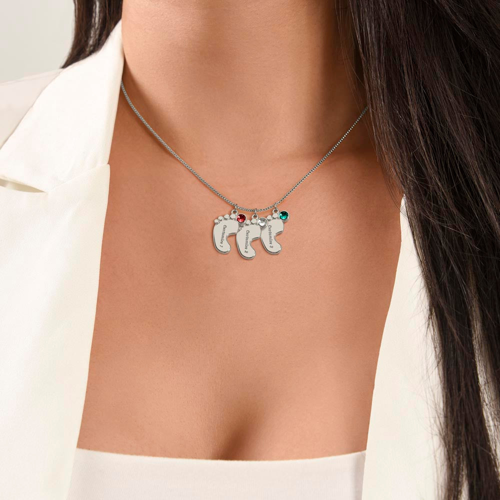 engraved baby feet necklace with birt stone