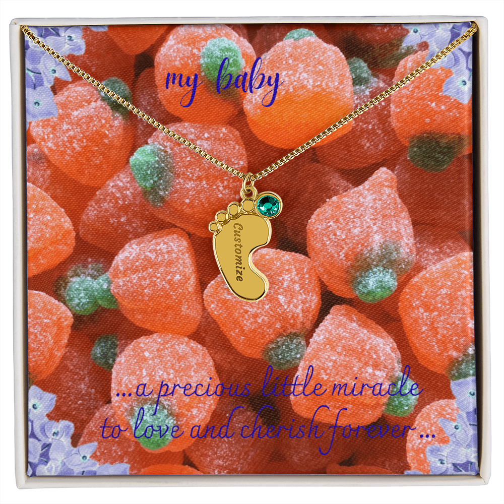 engraved baby feet necklace with birt stone