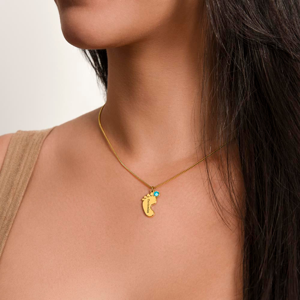 engraved baby feet necklace with birt stone