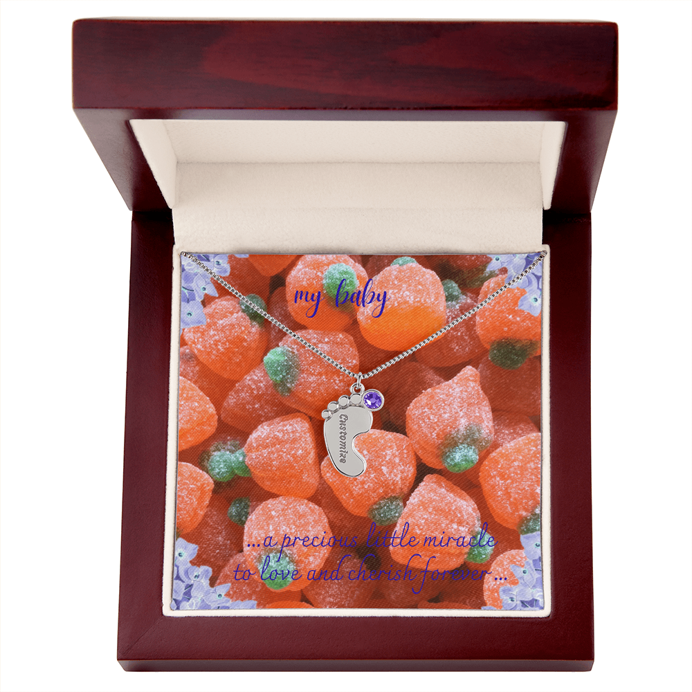 engraved baby feet necklace with birt stone