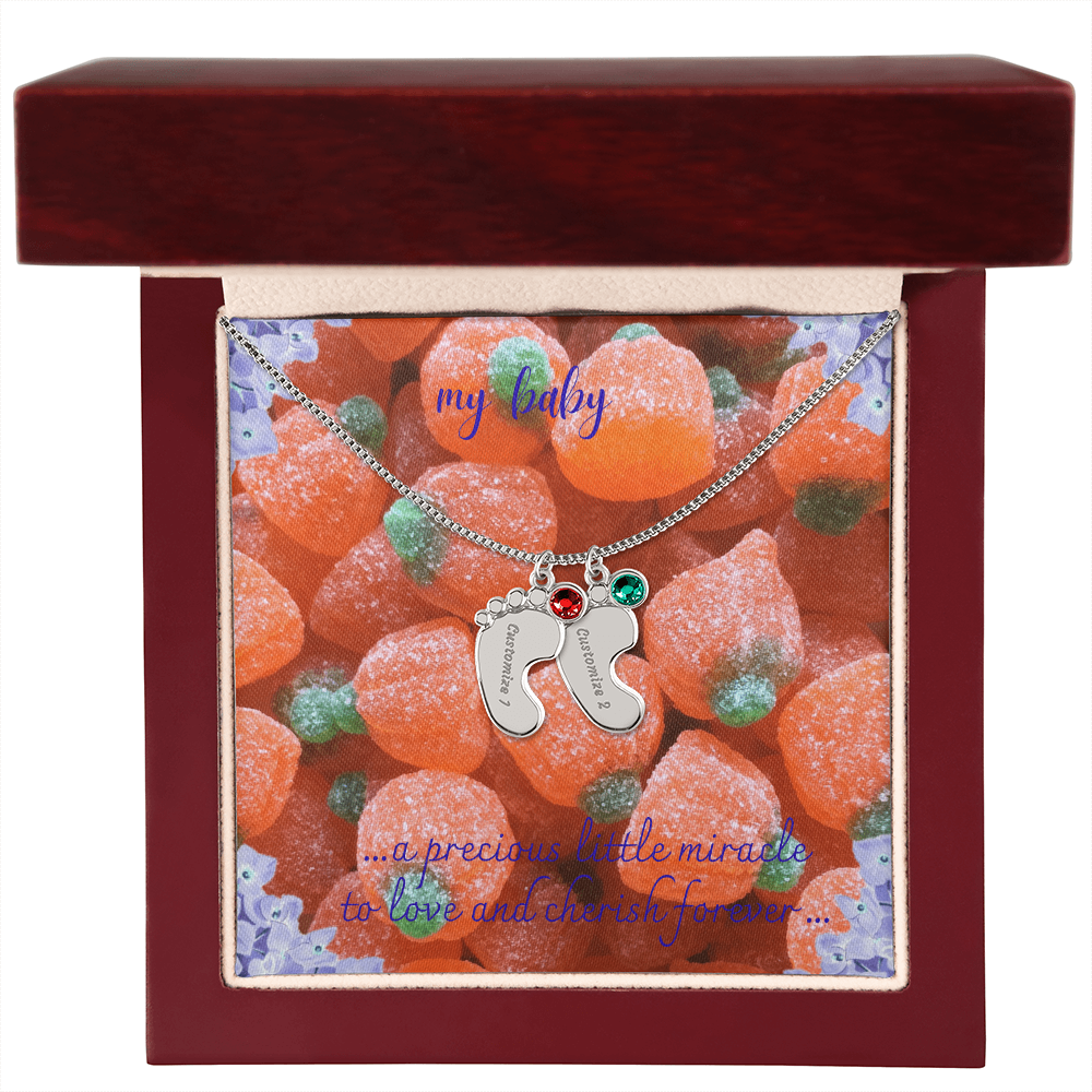 engraved baby feet necklace with birt stone