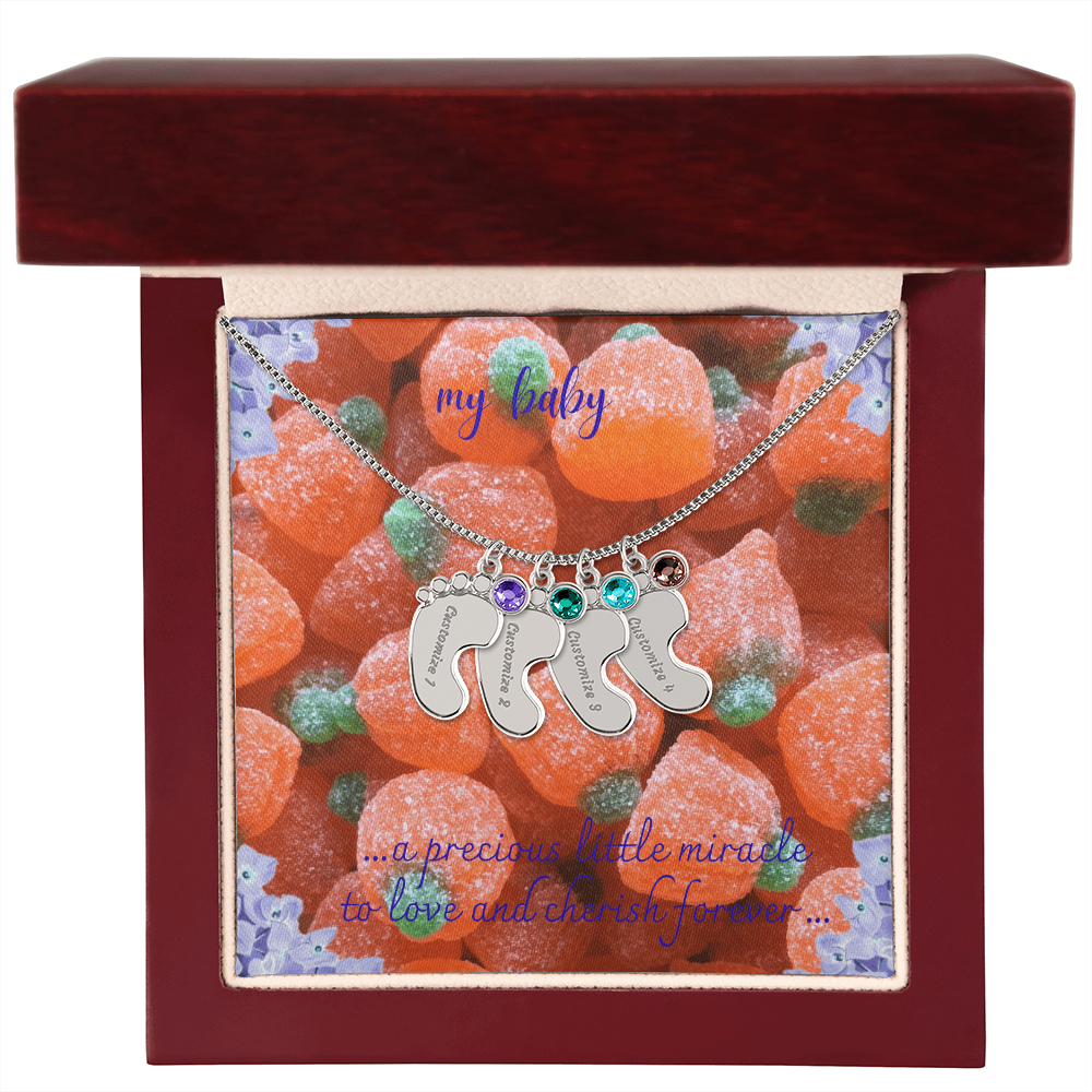 engraved baby feet necklace with birt stone