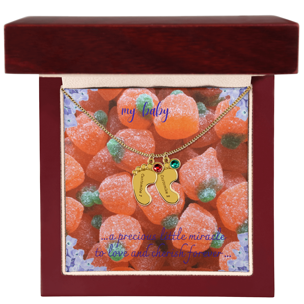 engraved baby feet necklace with birt stone