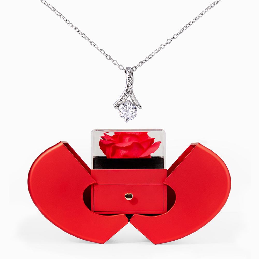 alluring beauty necklace with red heart rose box