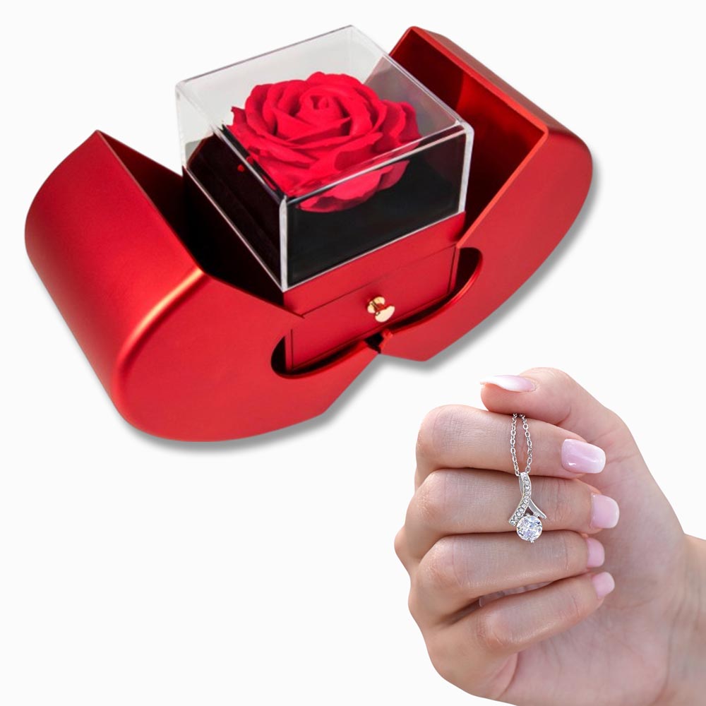 alluring beauty necklace with red heart rose box
