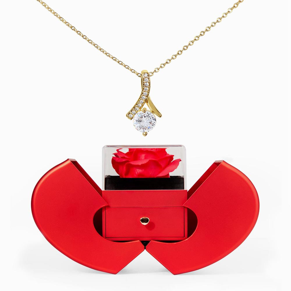 alluring beauty necklace with red heart rose box