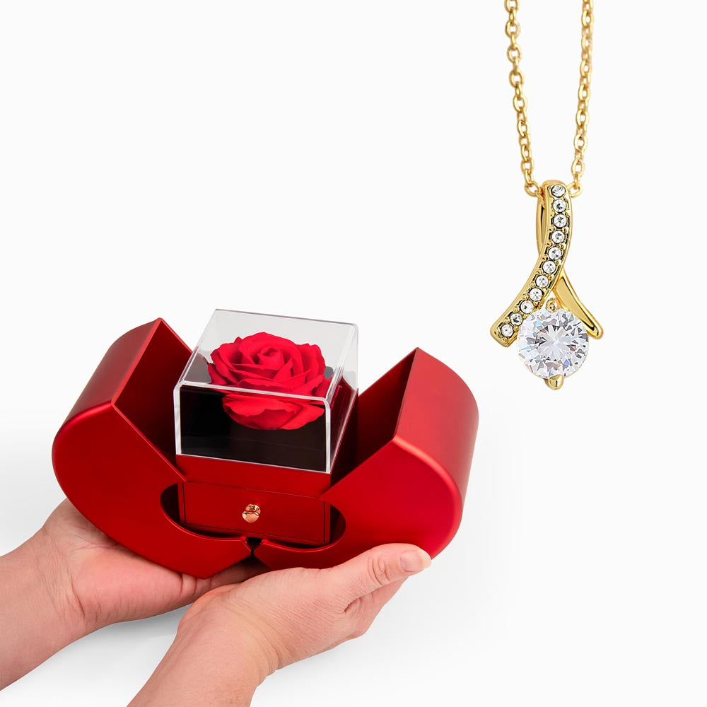 alluring beauty necklace with red heart rose box